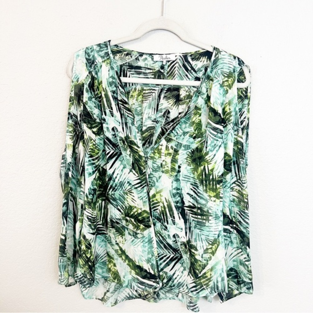 Parker 100%‎ Silk Tropical Palm Leaf Cold Shoulder Blouse Green White Small